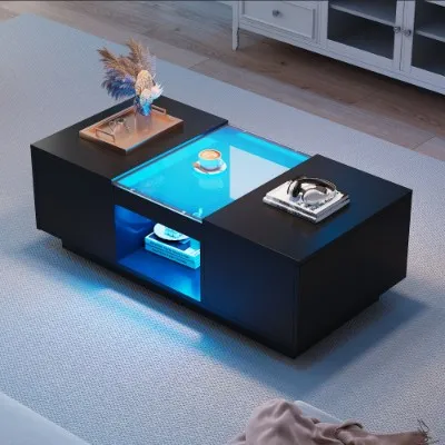 LED Coffee Table For Living Room, Modern Coffee Table With Storage With LED Lights, 2 Tiers And 2 Drawers, Large Living Room Center Tables Black