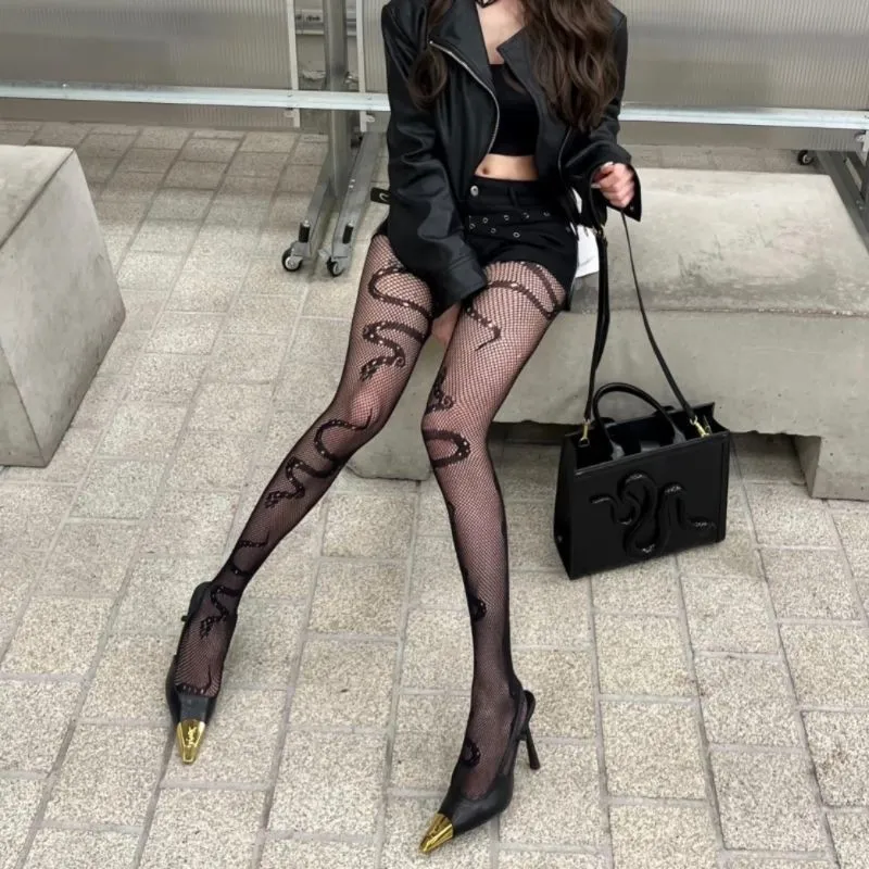 Versatile Black Leggings Mesh Tights For SpringSummer With Hollowed-Out Snake Print