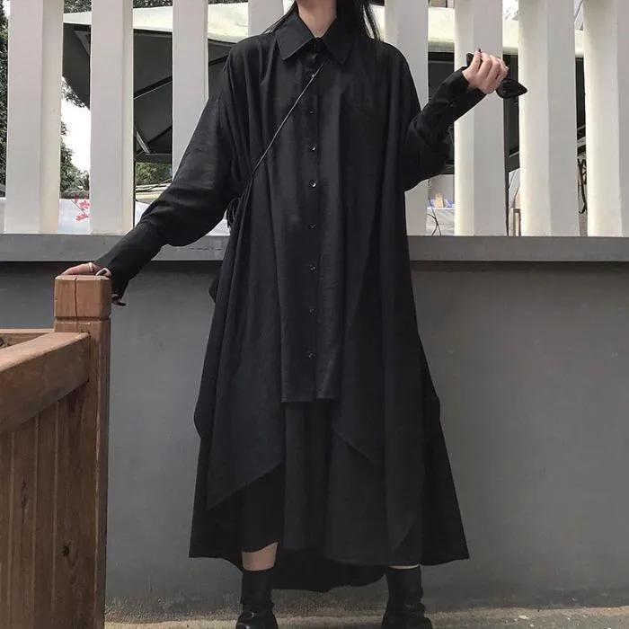 Long-sleeve Mid-length Shirt With An Asymmetrical Black Skirt