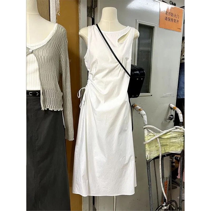 Niche Drawstring Figure-flattering Sleeveless Solid-color Dress