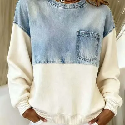 Denim-Style Sweater With A Small Notch Lapel And 3D Digital Print-Look