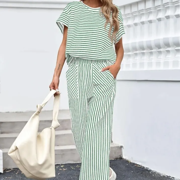 Womens Striped Short-Sleeve T-Shirt And Wide-Leg Pants Set With Pockets