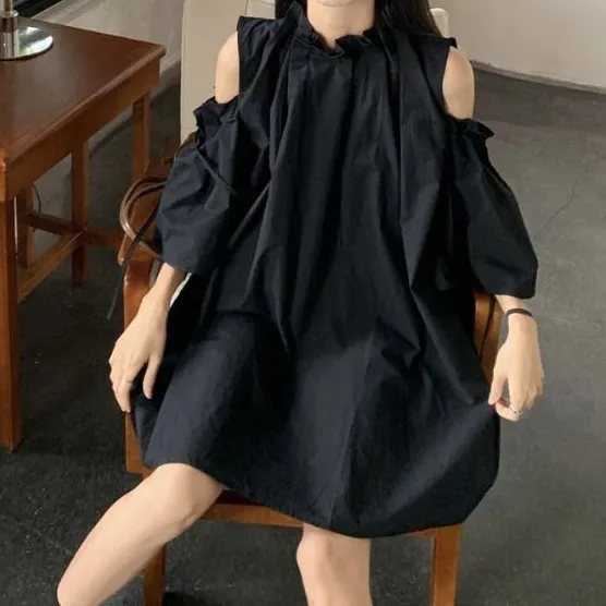 Retro Coffee-colored Lace-up Off-shoulder Dress