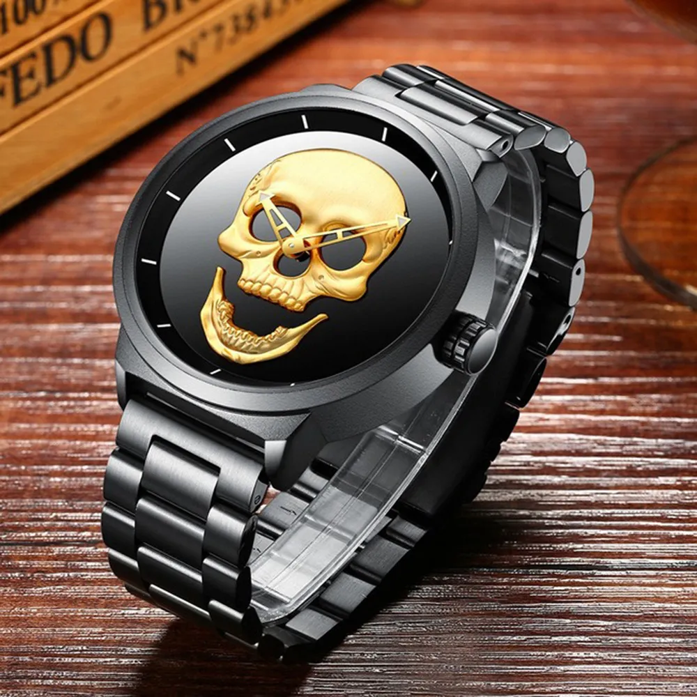 Men's steel band skull waterproof quartz watch