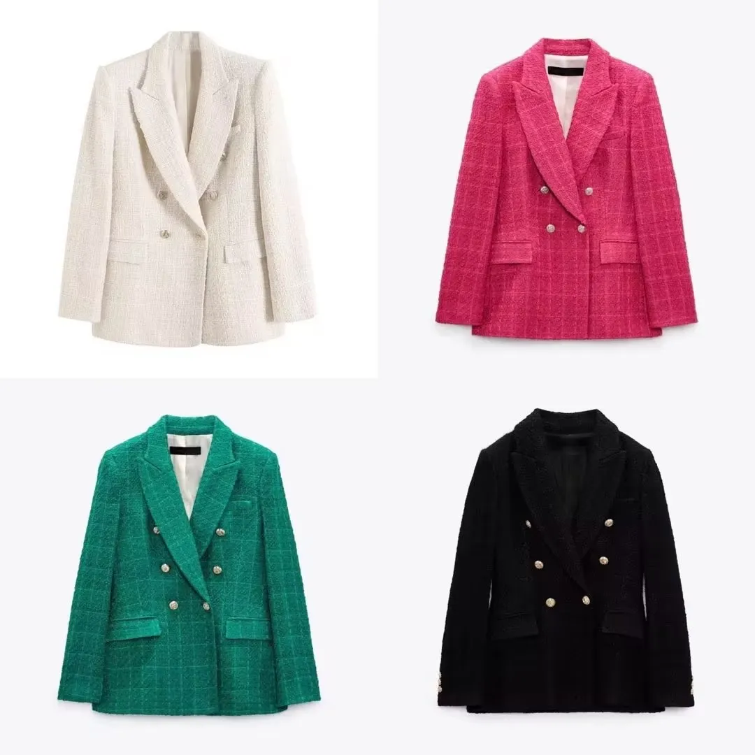 Womens 4-Color Textured Double-Breasted Midi Blazer