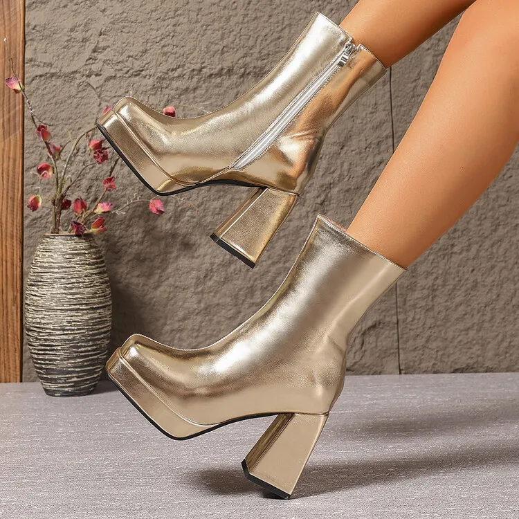 Womens Chunky-heeled High Boots With A Square Toe And Side Zipper