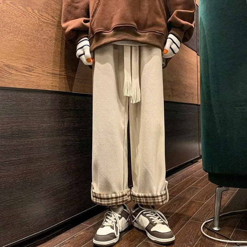 Plaid-cuffed Straight-leg Loose-fit Vintage Mens Casual Trousers