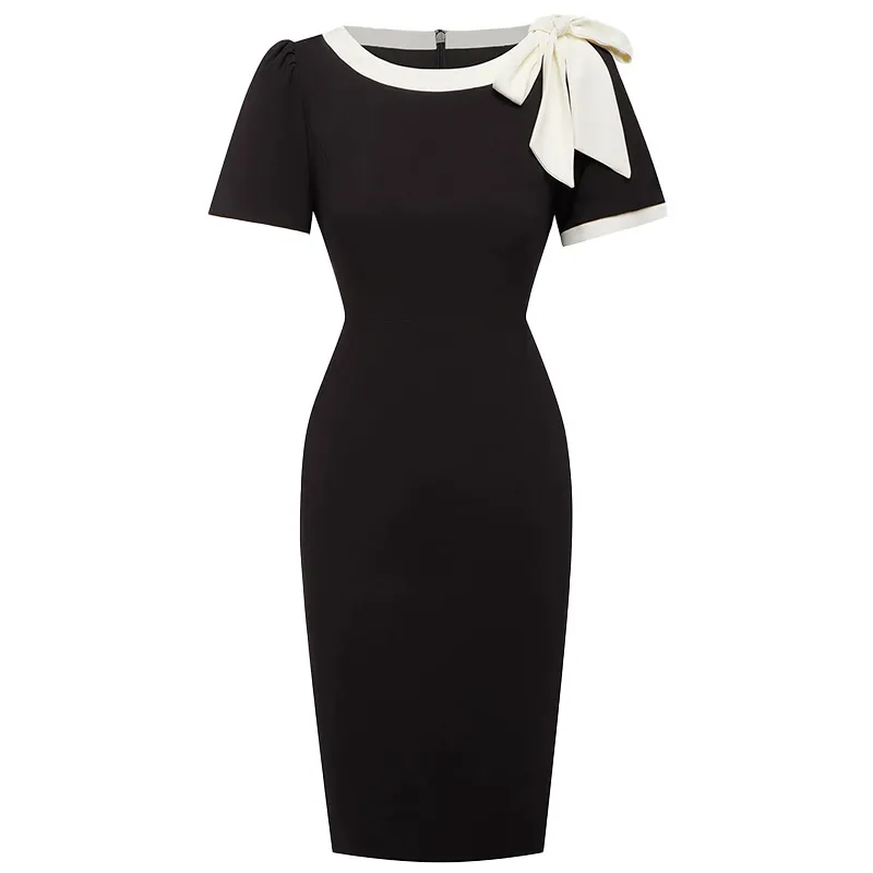 Women Crew Neck Short Sleeve Bow Color-Block Slim Fit Dress